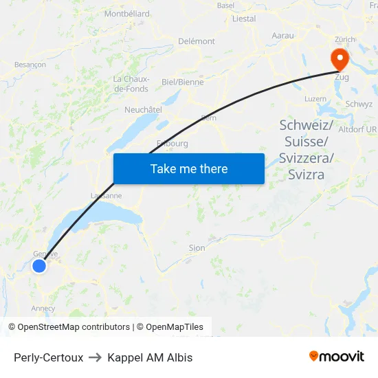 Perly-Certoux to Kappel AM Albis map