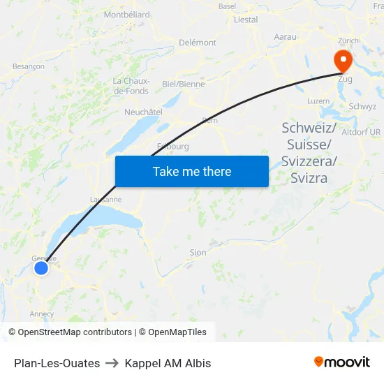 Plan-Les-Ouates to Kappel AM Albis map