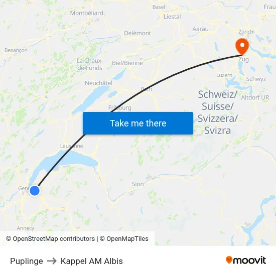 Puplinge to Kappel AM Albis map