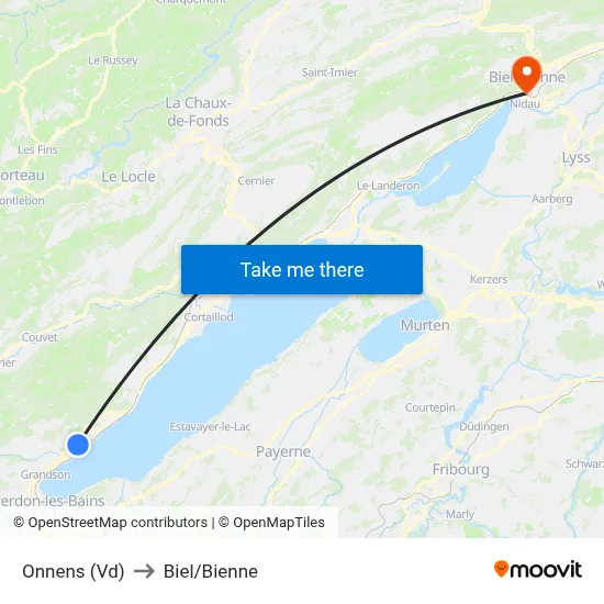 Onnens (Vd) to Biel/Bienne map