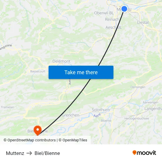 Muttenz to Biel/Bienne map