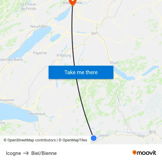 Icogne to Biel/Bienne map