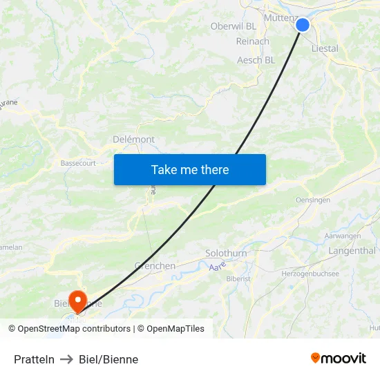 Pratteln to Biel/Bienne map