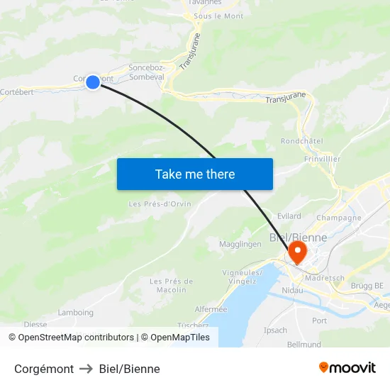 Corgémont to Biel/Bienne map