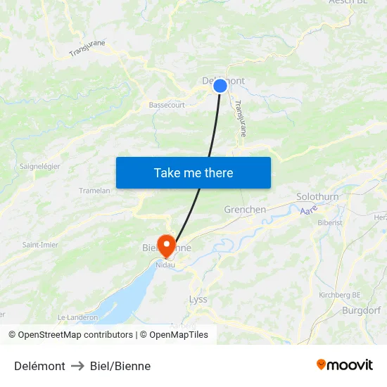 Delémont to Biel/Bienne map