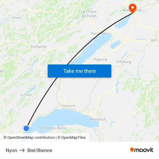 Nyon to Biel/Bienne map