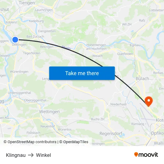 Klingnau to Winkel map