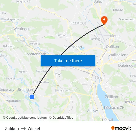 Zufikon to Winkel map