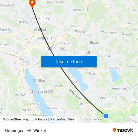 Grüningen to Winkel map