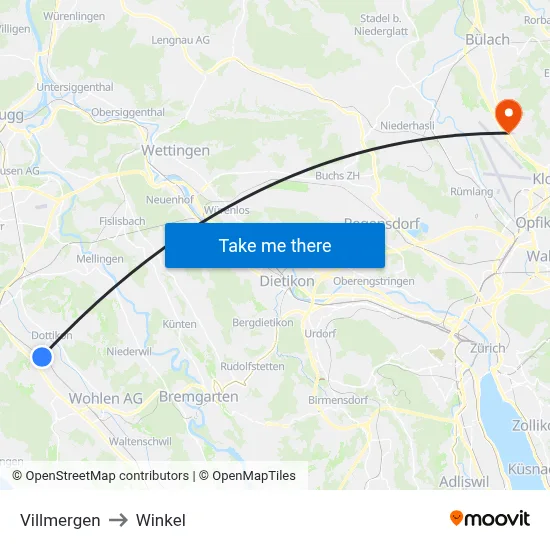 Villmergen to Winkel map