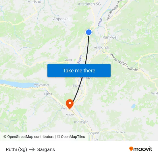Rüthi (Sg) to Sargans map