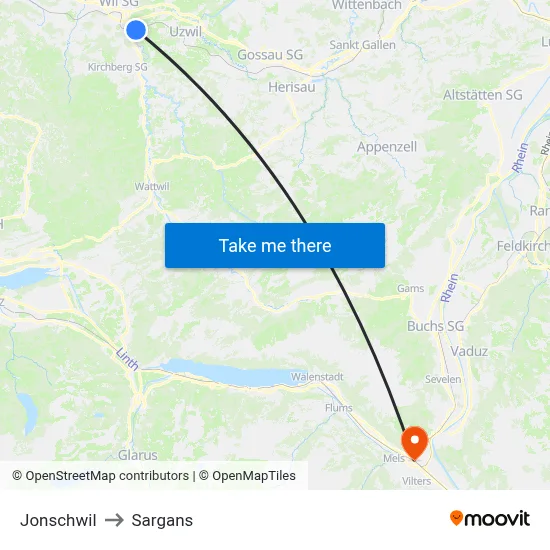 Jonschwil to Sargans map