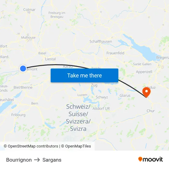 Bourrignon to Sargans map
