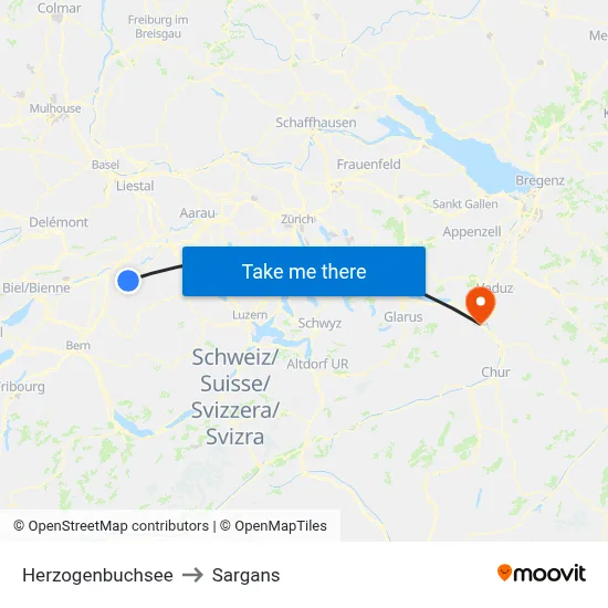 Herzogenbuchsee to Sargans map