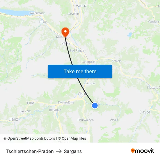 Tschiertschen-Praden to Sargans map