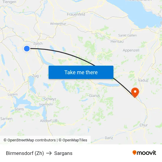 Birmensdorf (Zh) to Sargans map