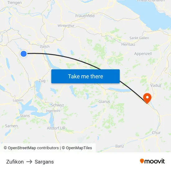 Zufikon to Sargans map