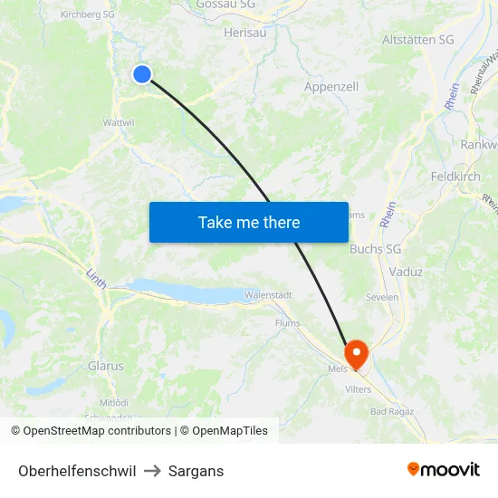 Oberhelfenschwil to Sargans map