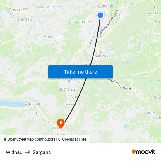 Widnau to Sargans map