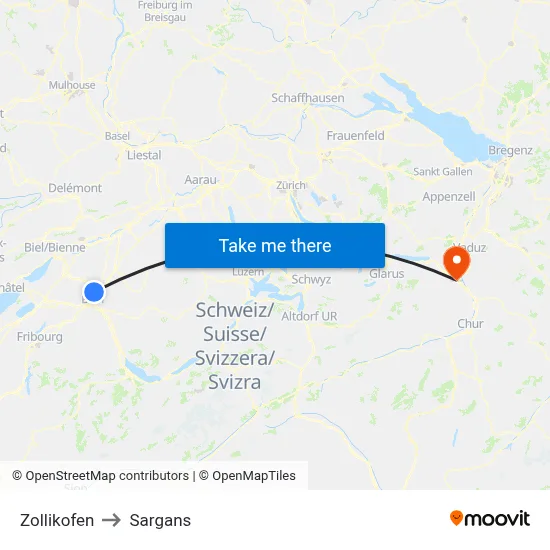 Zollikofen to Sargans map