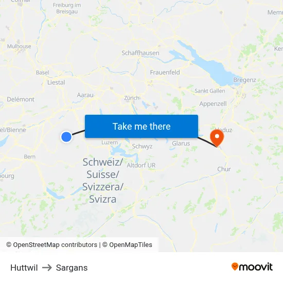 Huttwil to Sargans map