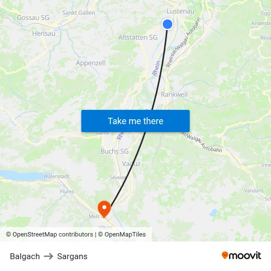 Balgach to Sargans map
