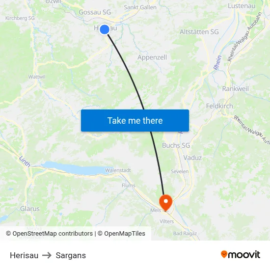 Herisau to Sargans map