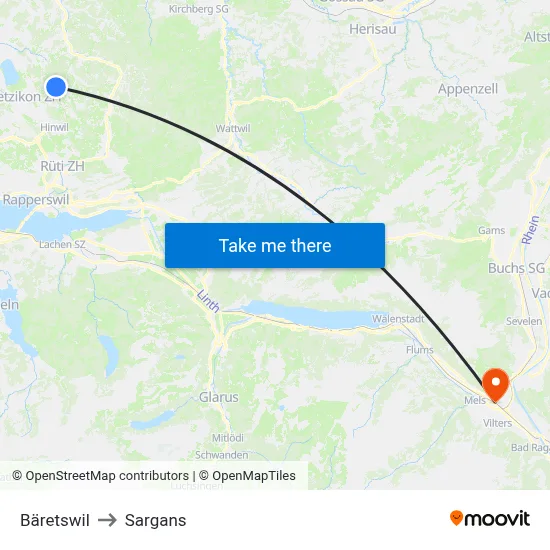 Bäretswil to Sargans map