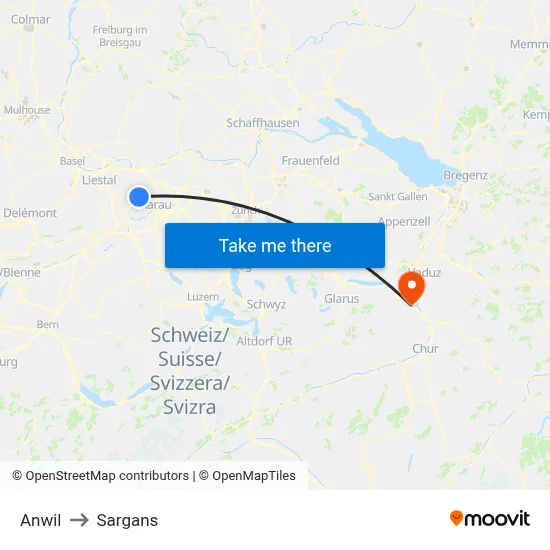 Anwil to Sargans map