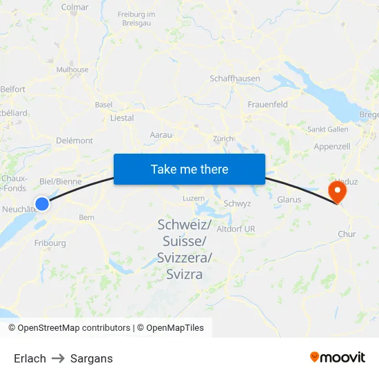 Erlach to Sargans map