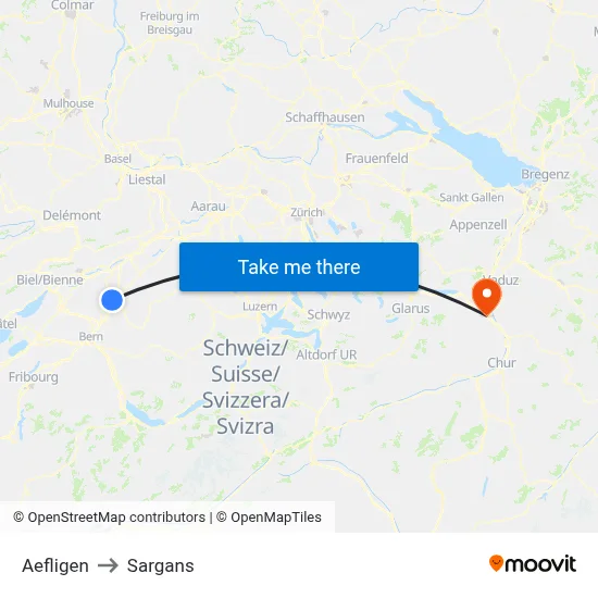Aefligen to Sargans map