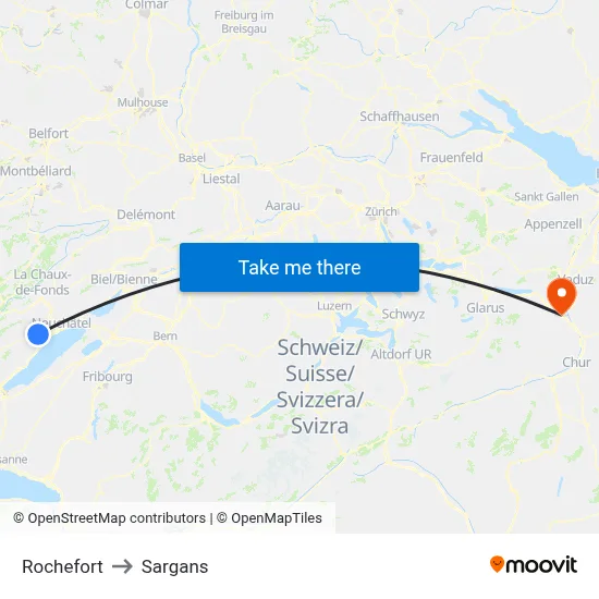 Rochefort to Sargans map