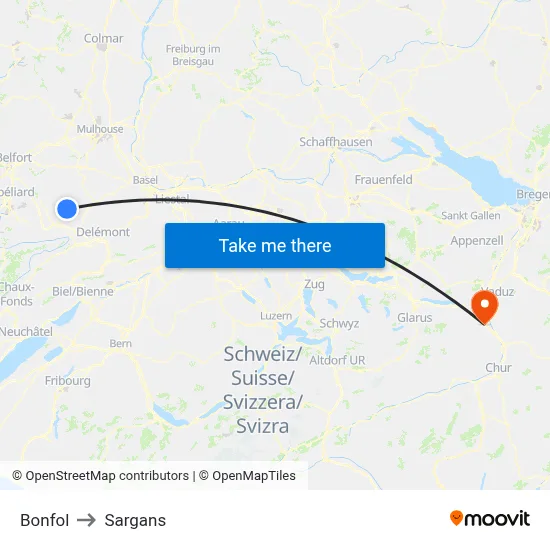 Bonfol to Sargans map