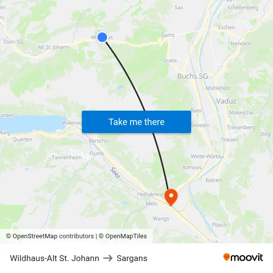 Wildhaus-Alt St. Johann to Sargans map