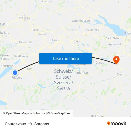 Courgevaux to Sargans map