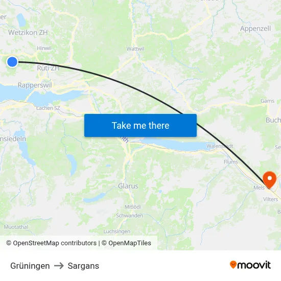 Grüningen to Sargans map