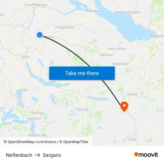 Neftenbach to Sargans map