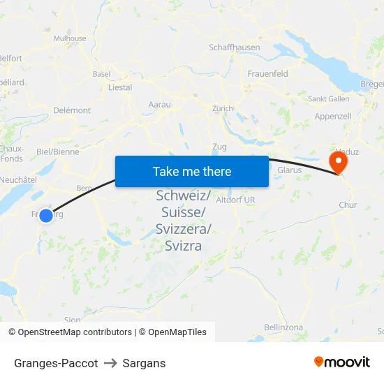 Granges-Paccot to Sargans map