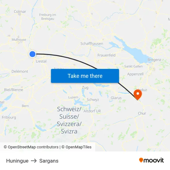 Huningue to Sargans map