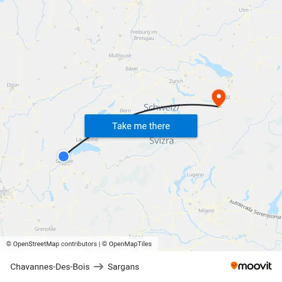 Chavannes-Des-Bois to Sargans map
