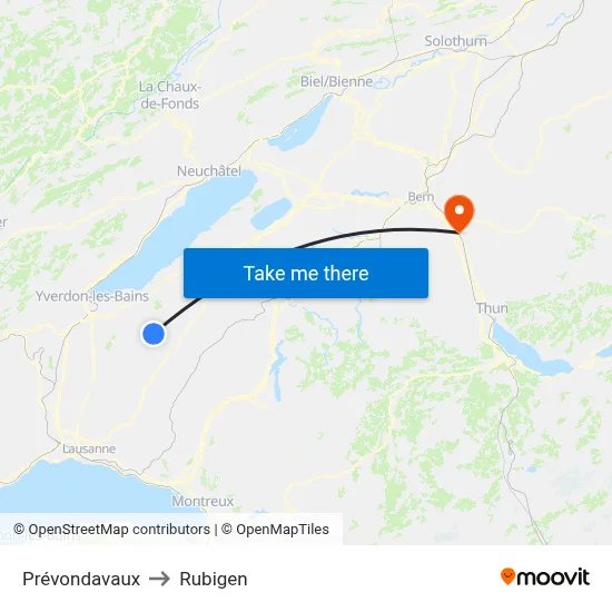 Prévondavaux to Rubigen map