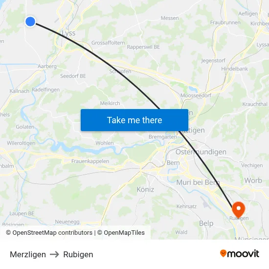 Merzligen to Rubigen map