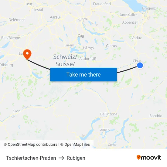 Tschiertschen-Praden to Rubigen map
