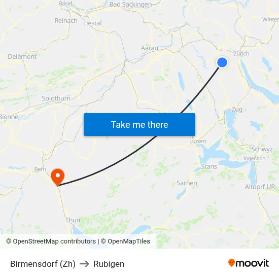 Birmensdorf (Zh) to Rubigen map