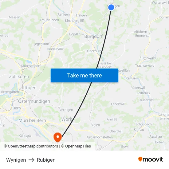 Wynigen to Rubigen map