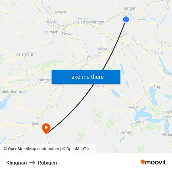 Klingnau to Rubigen map