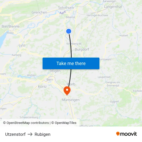 Utzenstorf to Rubigen map