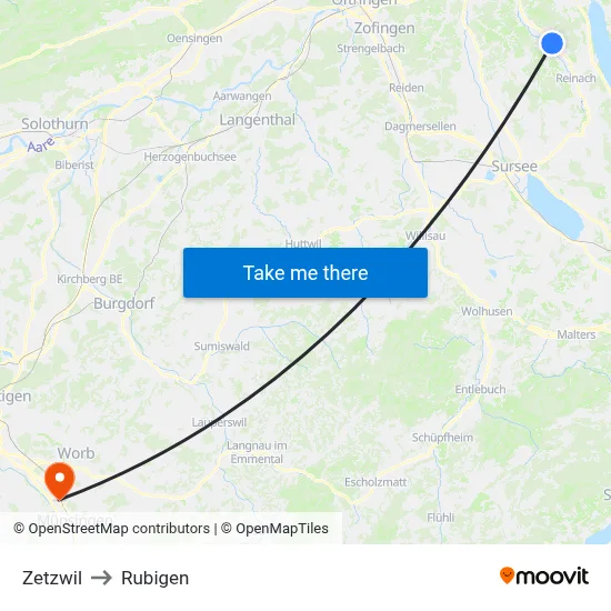 Zetzwil to Rubigen map