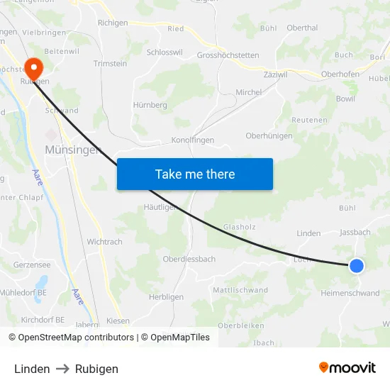 Linden to Rubigen map