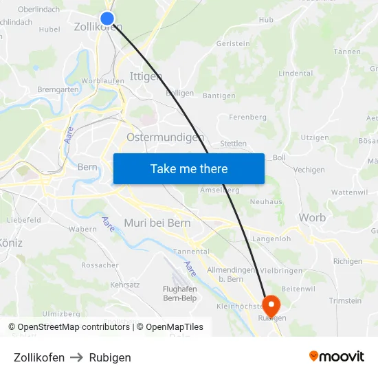 Zollikofen to Rubigen map